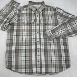 REI Cooperative Shirt Mens Large Beige Blue Plaid Flannel Long‎ Sleeve Button Up